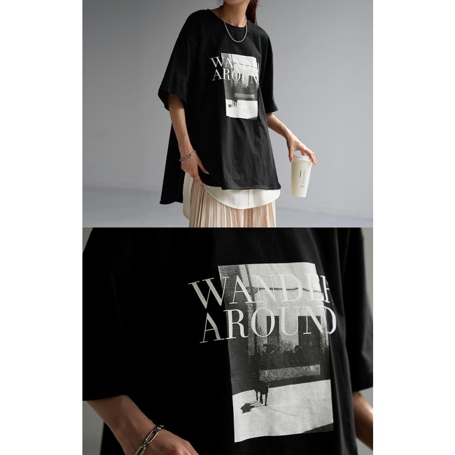 Tシャツ ロゴ プリント トップス レディース ロング スリット 半袖 着回し チュニック 薄手 ゆったり 着痩せ | HUG.U | 21