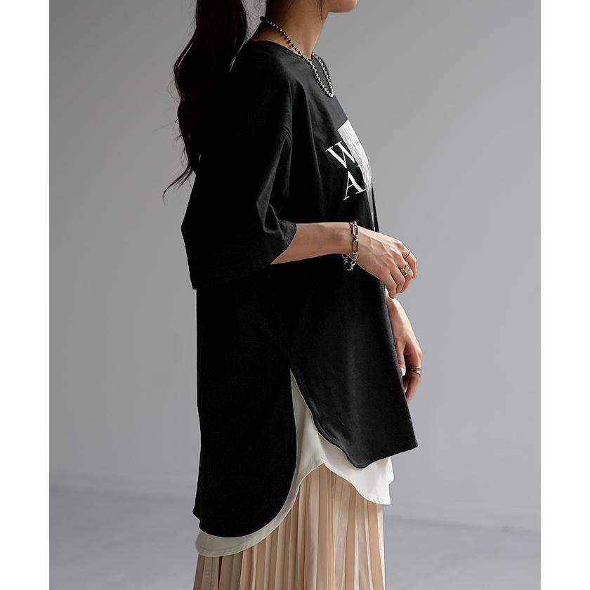 Tシャツ ロゴ プリント トップス レディース ロング スリット 半袖 着回し チュニック 薄手 ゆったり 着痩せ | HUG.U | 22