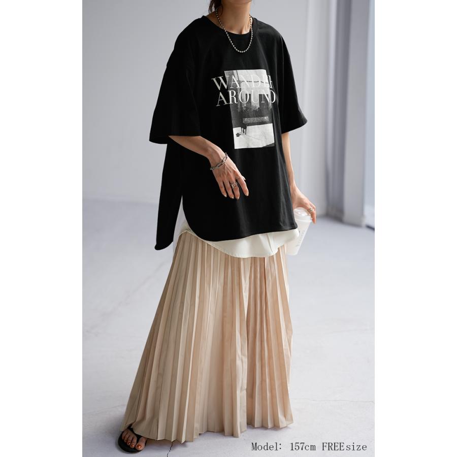 Tシャツ ロゴ プリント トップス レディース ロング スリット 半袖 着回し チュニック 薄手 ゆったり 着痩せ | HUG.U | 05