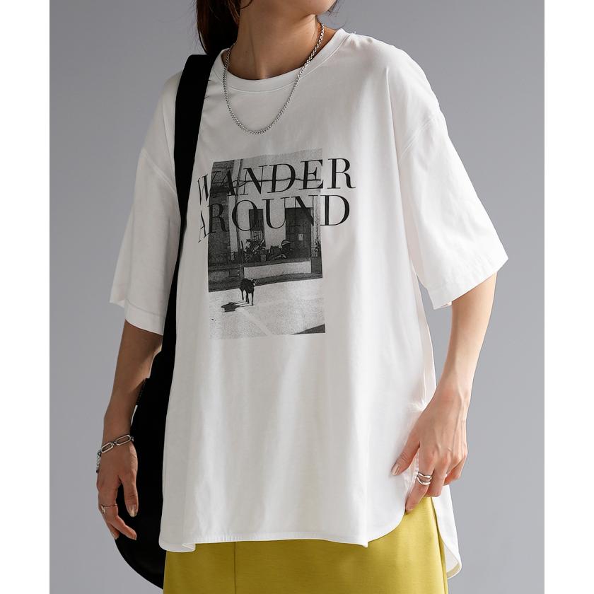 Tシャツ ロゴ プリント トップス レディース ロング スリット 半袖 着回し チュニック 薄手 ゆったり 着痩せ | HUG.U | 07