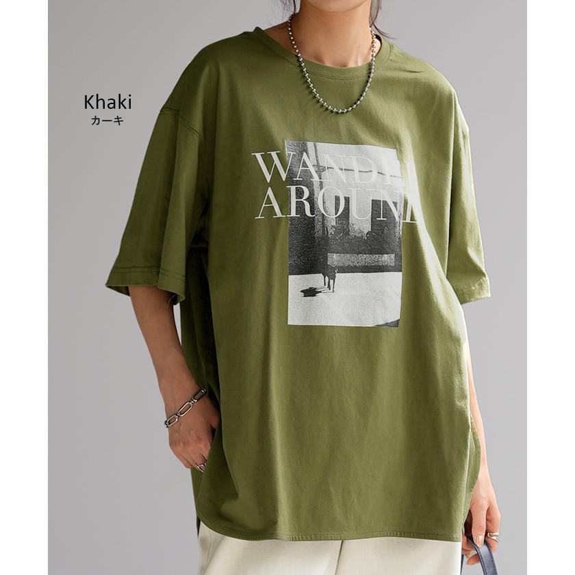 Tシャツ ロゴ プリント トップス レディース ロング スリット 半袖 着回し チュニック 薄手 ゆったり 着痩せ | HUG.U | 10