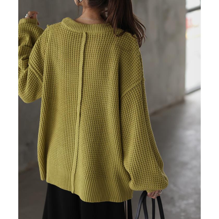 SALE ニット ワッフル チュニック レディース セーター トップス ワッフルニット バルキーニット プルオーバー 長袖 ぽわん袖 チクチクしない ざっくり 厚手 | HUG.U | 22
