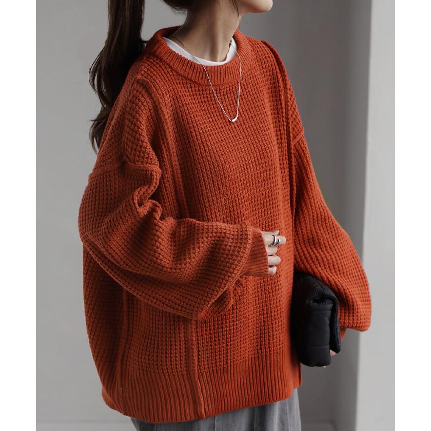 SALE ニット ワッフル チュニック レディース セーター トップス ワッフルニット バルキーニット プルオーバー 長袖 ぽわん袖 チクチクしない ざっくり 厚手 | HUG.U | 06