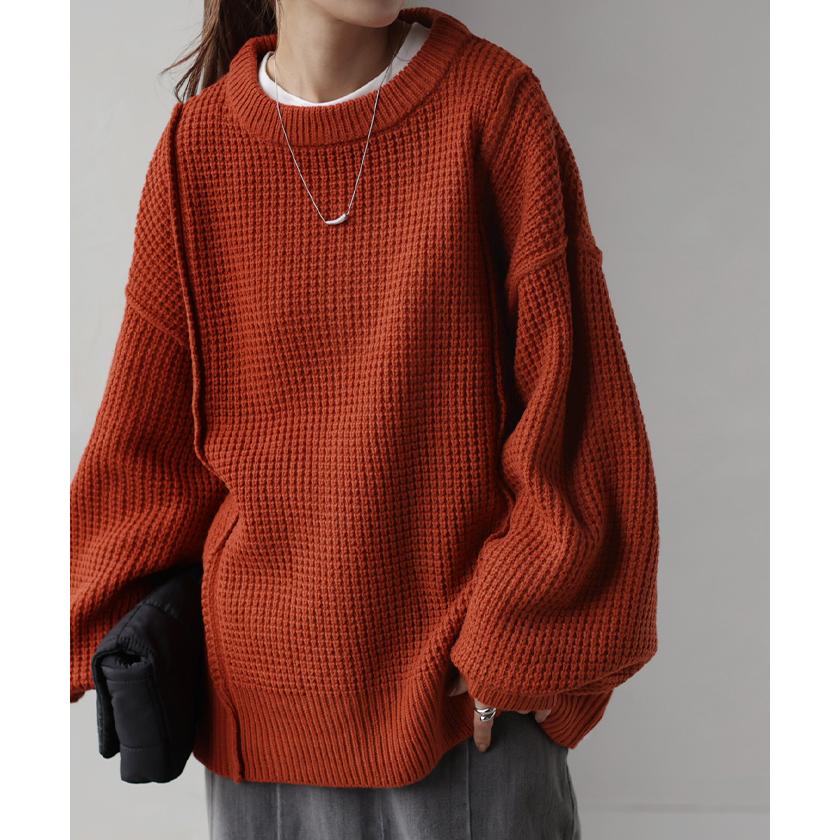 SALE ニット ワッフル チュニック レディース セーター トップス ワッフルニット バルキーニット プルオーバー 長袖 ぽわん袖 チクチクしない ざっくり 厚手 | HUG.U | 11