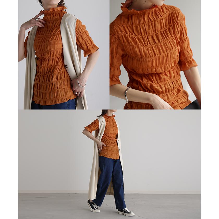 トップス シアーインナー レイヤード レディース シャーリング ギャザー 肌隠し カットソー Tシャツ | HUG.U | 18