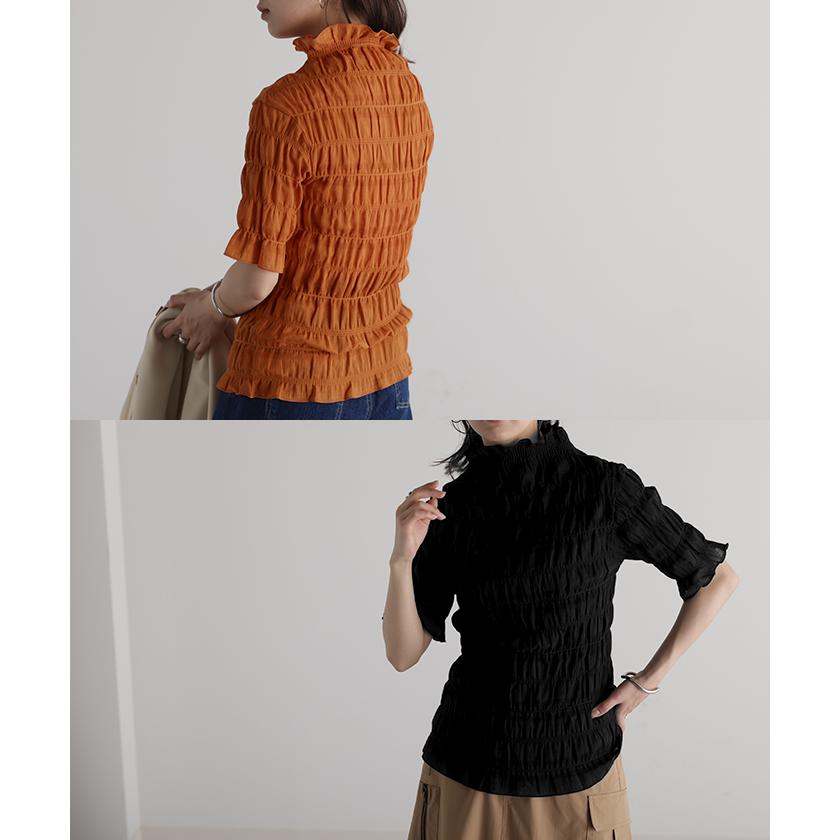トップス シアーインナー レイヤード レディース シャーリング ギャザー 肌隠し カットソー Tシャツ | HUG.U | 20