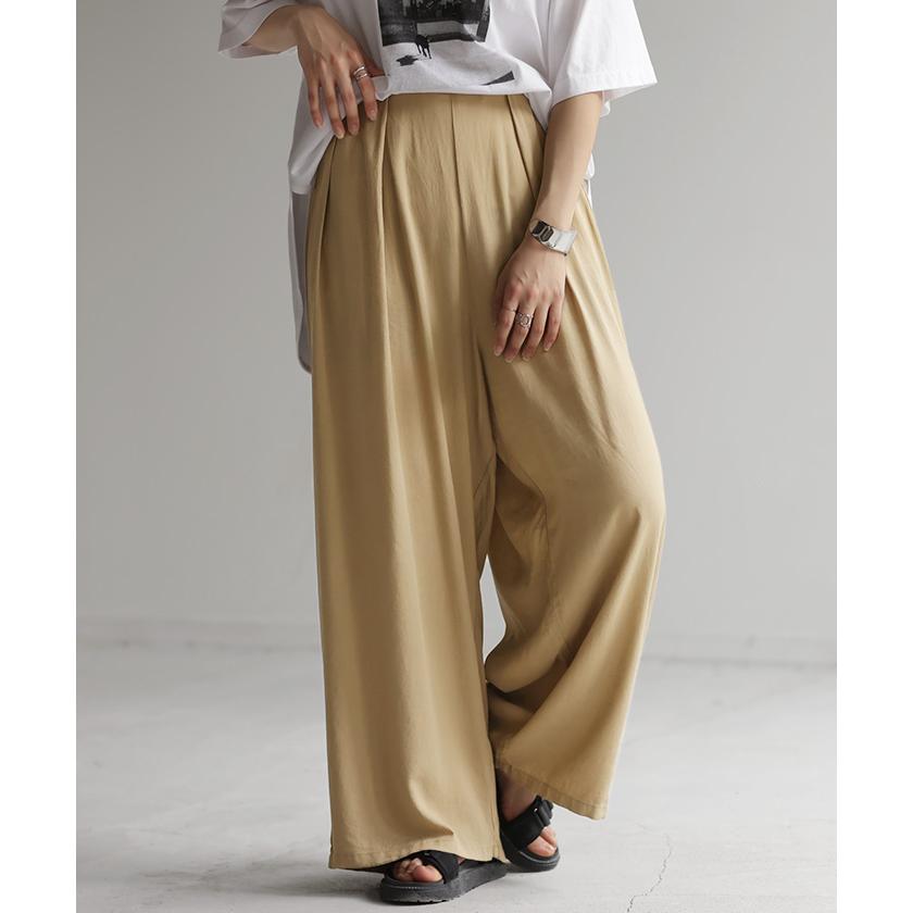 パンツ タックパンツ ワイド カラーパンツ ロング オフィスカジュアル きれいめ ウエストゴム ギャザー | HUG.U | 07
