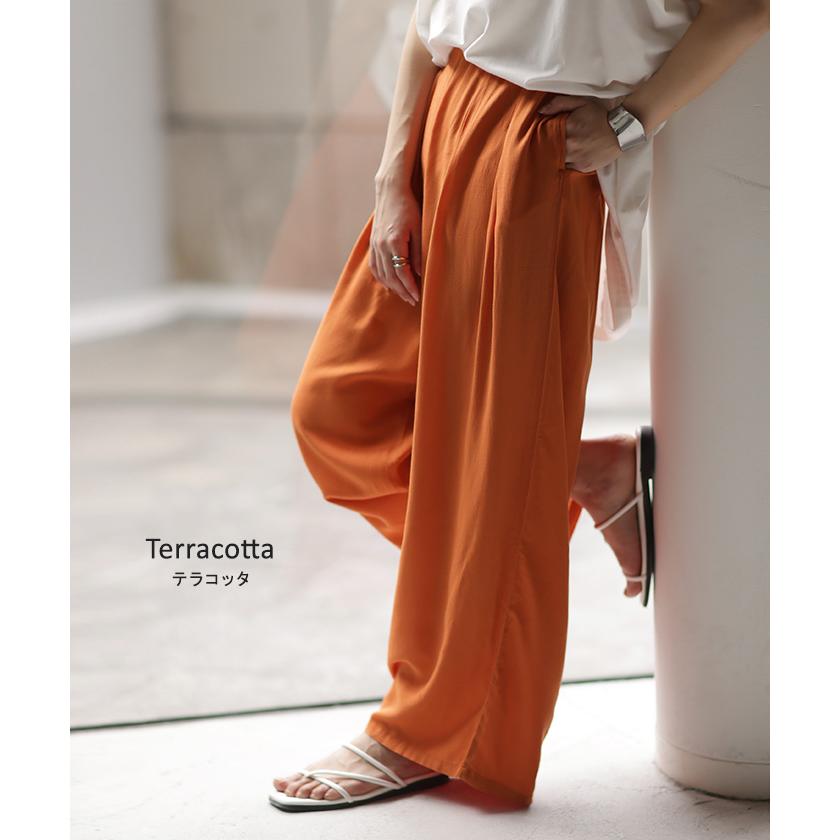 パンツ タックパンツ ワイド カラーパンツ ロング オフィスカジュアル きれいめ ウエストゴム ギャザー | HUG.U | 10