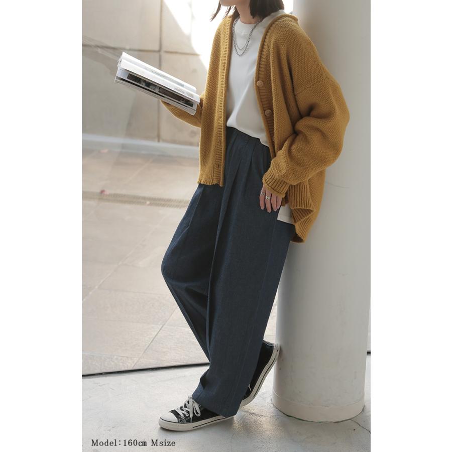 パンツ デニム 風 ペグトップ レディース タック リネン 混 テーパード  コクーン クロップドパンツ ウエストゴム | HUG.U | 06