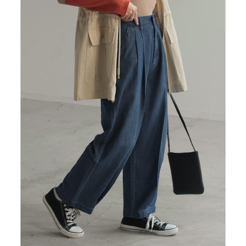パンツ デニム 風 ペグトップ レディース タック リネン 混 テーパード  コクーン クロップドパンツ ウエストゴム | HUG.U | 07