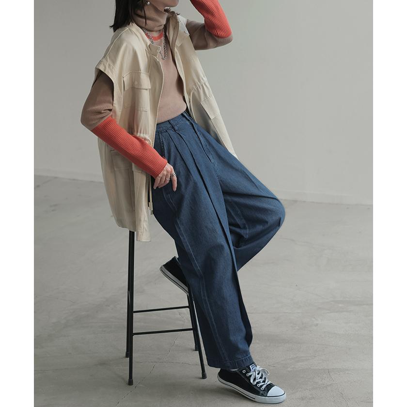パンツ デニム 風 ペグトップ レディース タック リネン 混 テーパード  コクーン クロップドパンツ ウエストゴム | HUG.U | 10