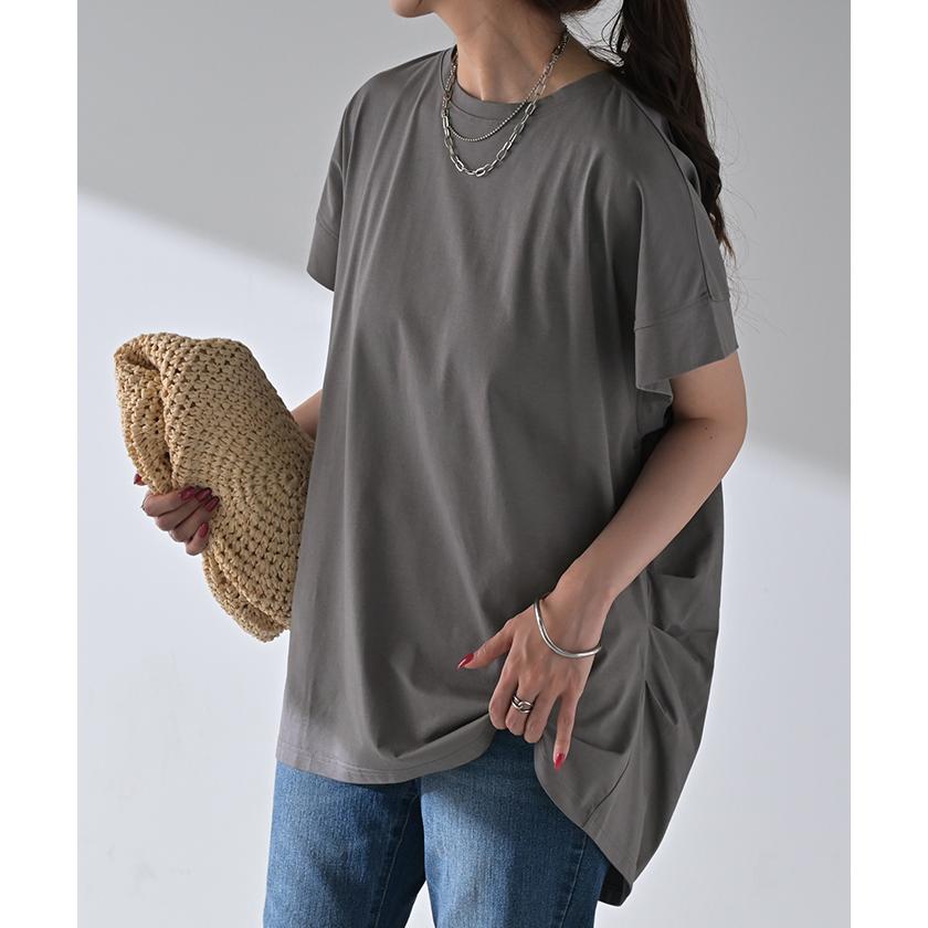 Tシャツ 接触冷感 トップス 涼しい 薄手 チュニック ロング レディース タック カットソー Uネック ティーシャツ | HUG.U | 11