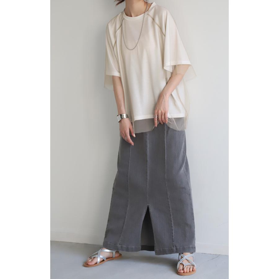 Tシャツ チュール レイヤード トップス カットソー 重ね着 二の腕カバー シアー ドルマン ロング ティーシャツ | HUG.U | 19
