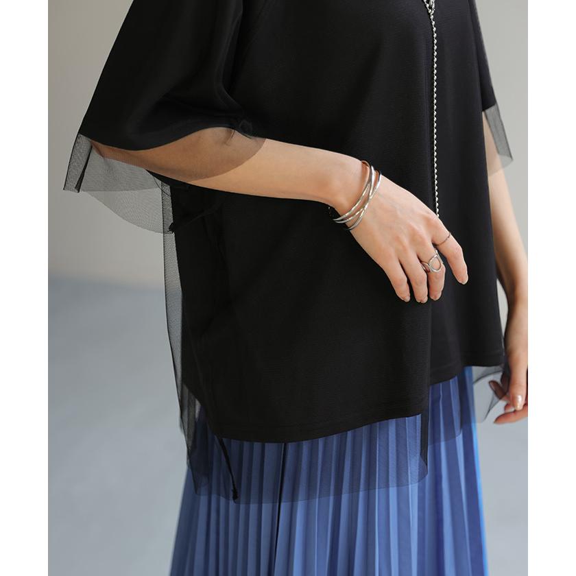 Tシャツ チュール レイヤード トップス カットソー 重ね着 二の腕カバー シアー ドルマン ロング ティーシャツ | HUG.U | 20