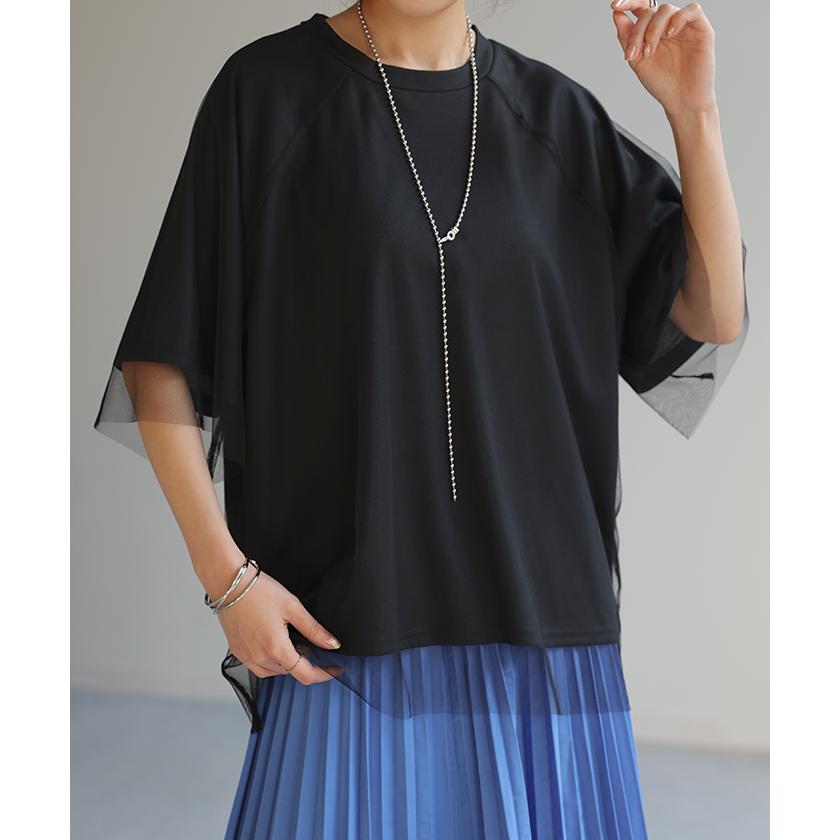 Tシャツ チュール レイヤード トップス カットソー 重ね着 二の腕カバー シアー ドルマン ロング ティーシャツ | HUG.U | 07