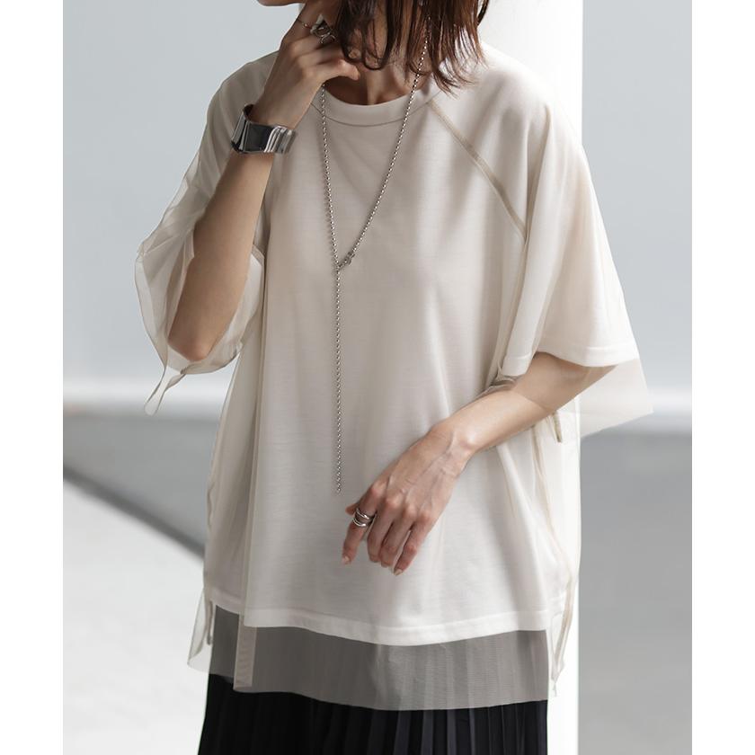 Tシャツ チュール レイヤード トップス カットソー 重ね着 二の腕カバー シアー ドルマン ロング ティーシャツ | HUG.U | 10