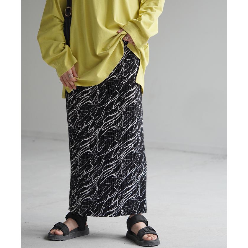 スカート タイトスカート ロング レディース ボトムス プリーツ アート柄 体型カバー 脚長効果 美脚 ペンシルスカート | HUG.U | 20