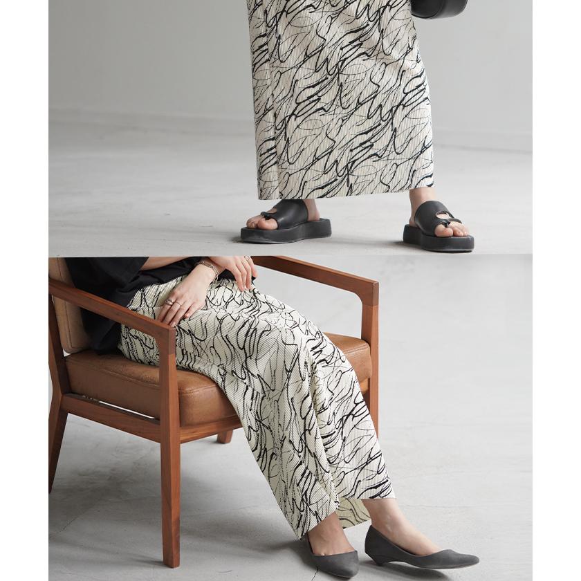 スカート タイトスカート ロング レディース ボトムス プリーツ アート柄 体型カバー 脚長効果 美脚 ペンシルスカート | HUG.U | 21