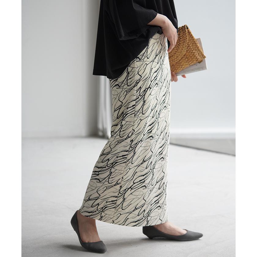 スカート タイトスカート ロング レディース ボトムス プリーツ アート柄 体型カバー 脚長効果 美脚 ペンシルスカート | HUG.U | 06