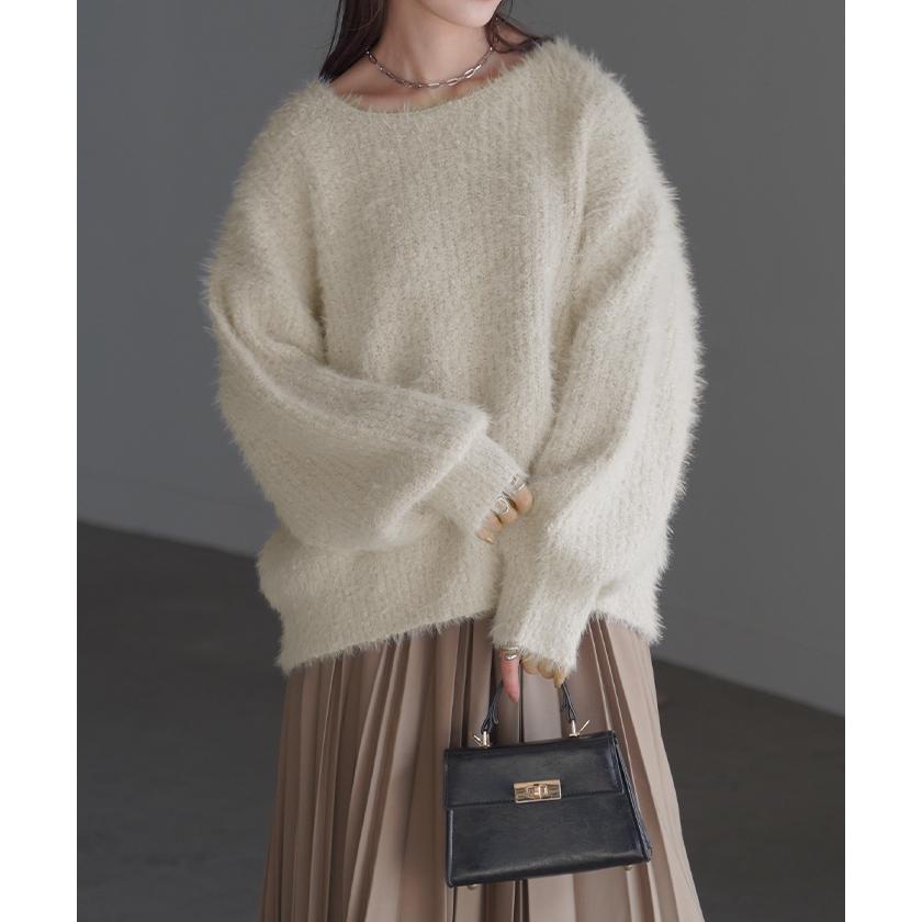 ニット シャギー ロング レディース トップス セーター 無地 長袖 Uネック チクチクしない チュニック 綿 混 ドルマン 長い モヘア ドロップショルダー | HUG.U | 15