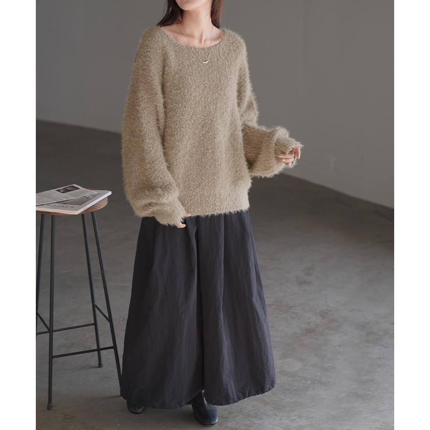 ニット シャギー ロング レディース トップス セーター 無地 長袖 Uネック チクチクしない チュニック 綿 混 ドルマン 長い モヘア ドロップショルダー | HUG.U | 18