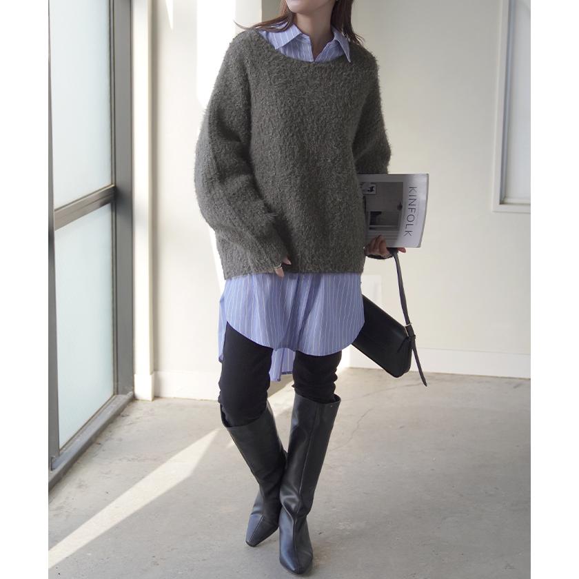 ニット シャギー ロング レディース トップス セーター 無地 長袖 Uネック チクチクしない チュニック 綿 混 ドルマン 長い モヘア ドロップショルダー | HUG.U | 21