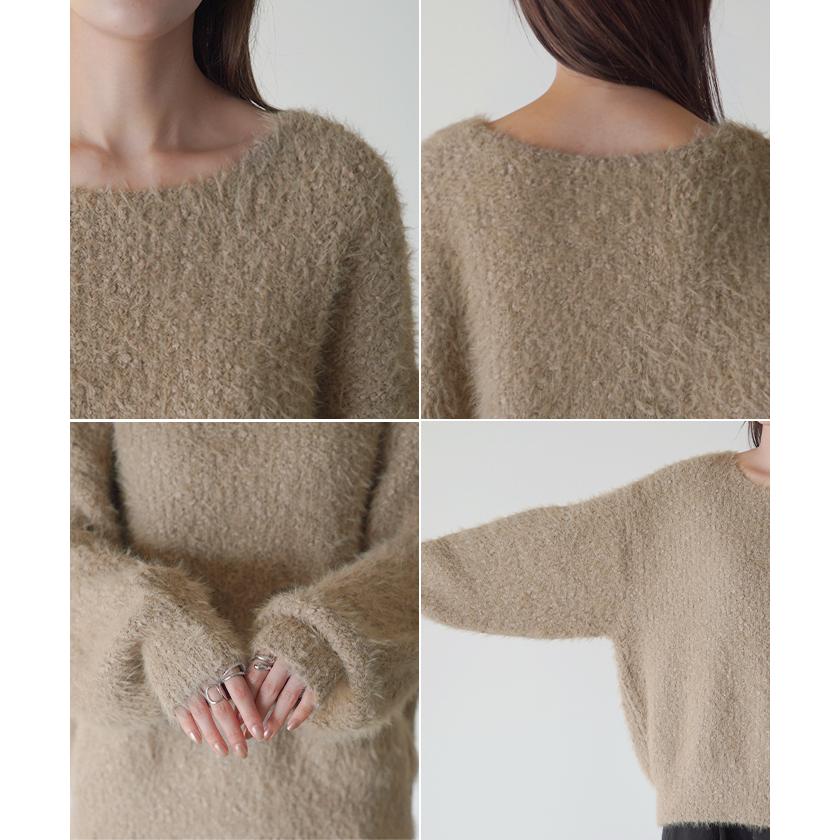 ニット シャギー ロング レディース トップス セーター 無地 長袖 Uネック チクチクしない チュニック 綿 混 ドルマン 長い モヘア ドロップショルダー | HUG.U | 24