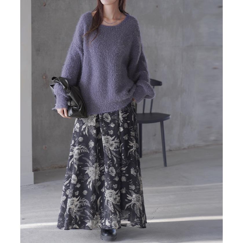 ニット シャギー ロング レディース トップス セーター 無地 長袖 Uネック チクチクしない チュニック 綿 混 ドルマン 長い モヘア ドロップショルダー | HUG.U | 12