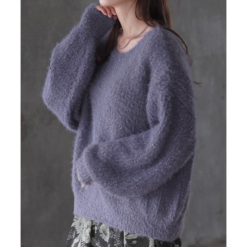 ニット シャギー ロング レディース トップス セーター 無地 長袖 Uネック チクチクしない チュニック 綿 混 ドルマン 長い モヘア ドロップショルダー | HUG.U | 13