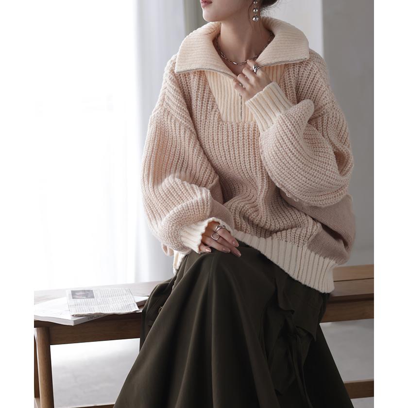 ニット ハーフジップ ハイネック レディース トップス ローゲージ リブ リブニット ボリュームスリーブ 配色 切り替え Vネック プルオーバー 二の腕カバー | HUG.U | 14