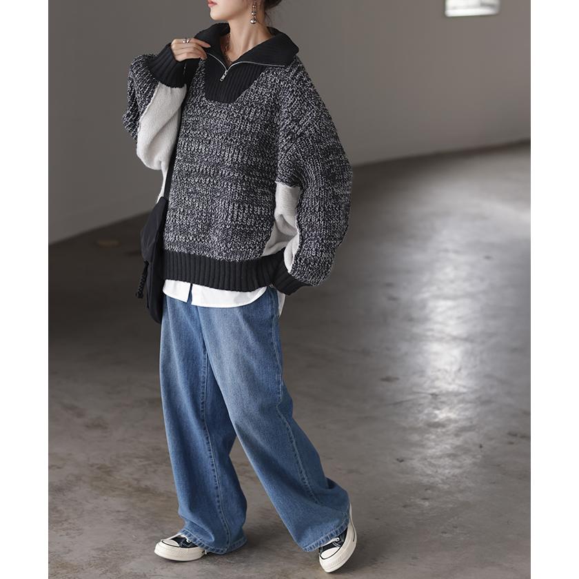 ニット ハーフジップ ハイネック レディース トップス ローゲージ リブ リブニット ボリュームスリーブ 配色 切り替え Vネック プルオーバー 二の腕カバー | HUG.U | 16