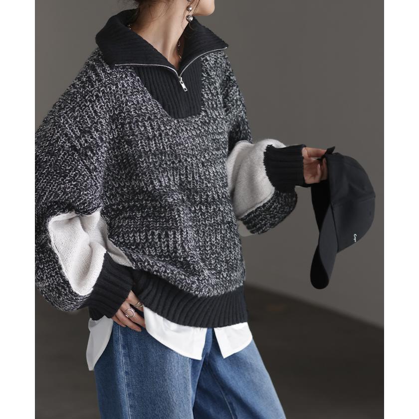 ニット ハーフジップ ハイネック レディース トップス ローゲージ リブ リブニット ボリュームスリーブ 配色 切り替え Vネック プルオーバー 二の腕カバー | HUG.U | 17