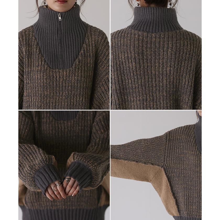 ニット ハーフジップ ハイネック レディース トップス ローゲージ リブ リブニット ボリュームスリーブ 配色 切り替え Vネック プルオーバー 二の腕カバー | HUG.U | 18