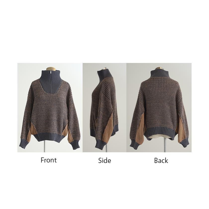 ニット ハーフジップ ハイネック レディース トップス ローゲージ リブ リブニット ボリュームスリーブ 配色 切り替え Vネック プルオーバー 二の腕カバー | HUG.U | 19