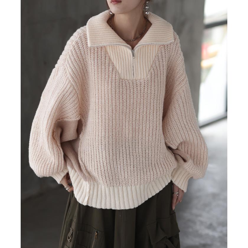 ニット ハーフジップ ハイネック レディース トップス ローゲージ リブ リブニット ボリュームスリーブ 配色 切り替え Vネック プルオーバー 二の腕カバー | HUG.U | 04