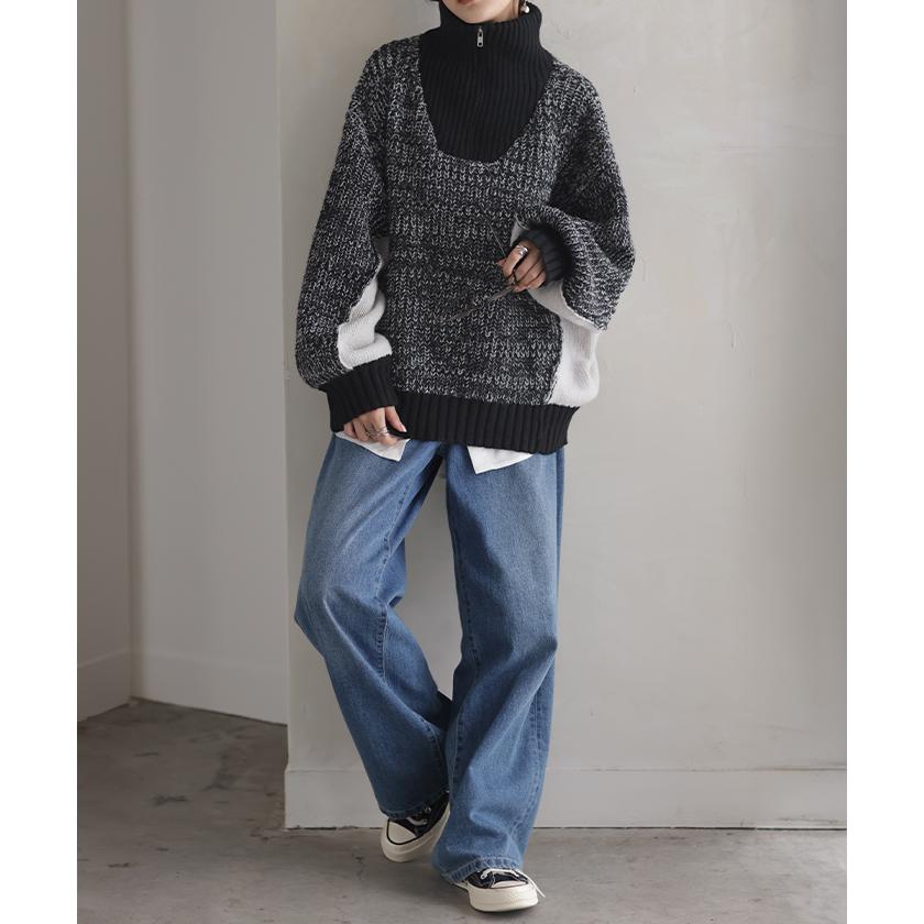 ニット ハーフジップ ハイネック レディース トップス ローゲージ リブ リブニット ボリュームスリーブ 配色 切り替え Vネック プルオーバー 二の腕カバー | HUG.U | 06