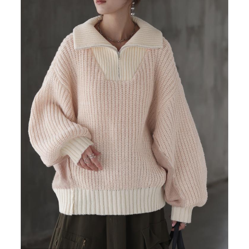ニット ハーフジップ ハイネック レディース トップス ローゲージ リブ リブニット ボリュームスリーブ 配色 切り替え Vネック プルオーバー 二の腕カバー | HUG.U | 07