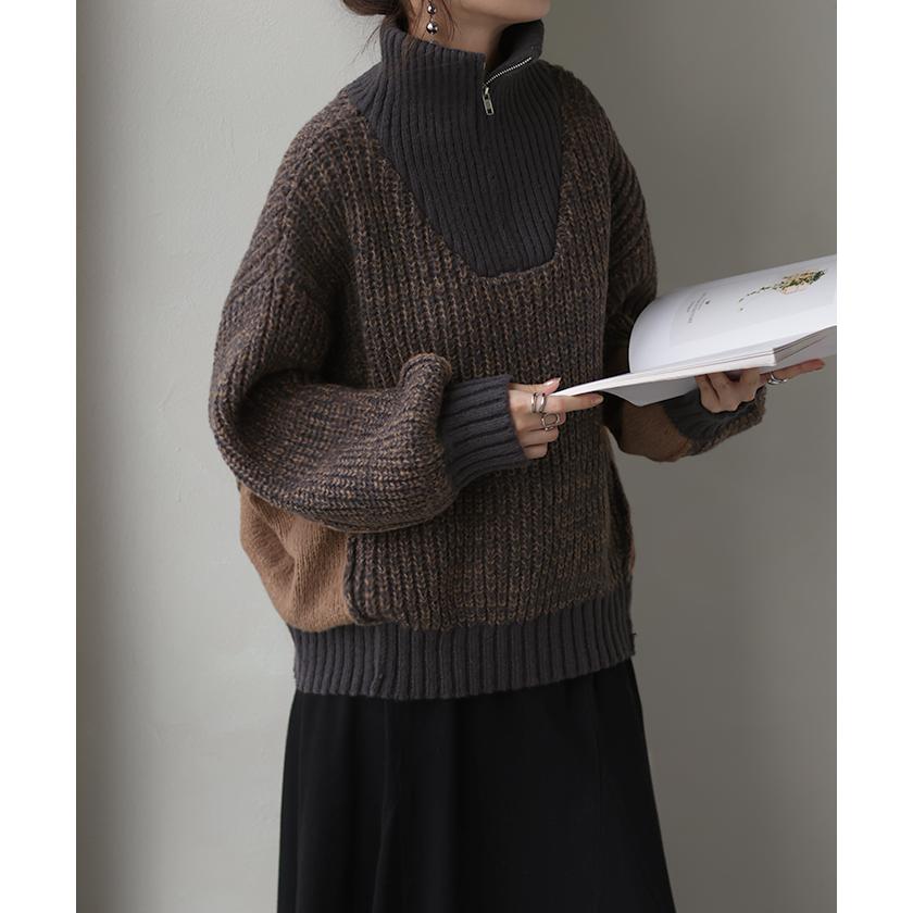 ニット ハーフジップ ハイネック レディース トップス ローゲージ リブ リブニット ボリュームスリーブ 配色 切り替え Vネック プルオーバー 二の腕カバー | HUG.U | 10