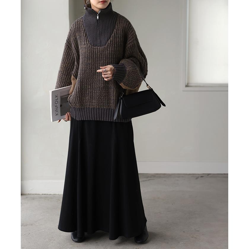 ニット ハーフジップ ハイネック レディース トップス ローゲージ リブ リブニット ボリュームスリーブ 配色 切り替え Vネック プルオーバー 二の腕カバー | HUG.U | 11