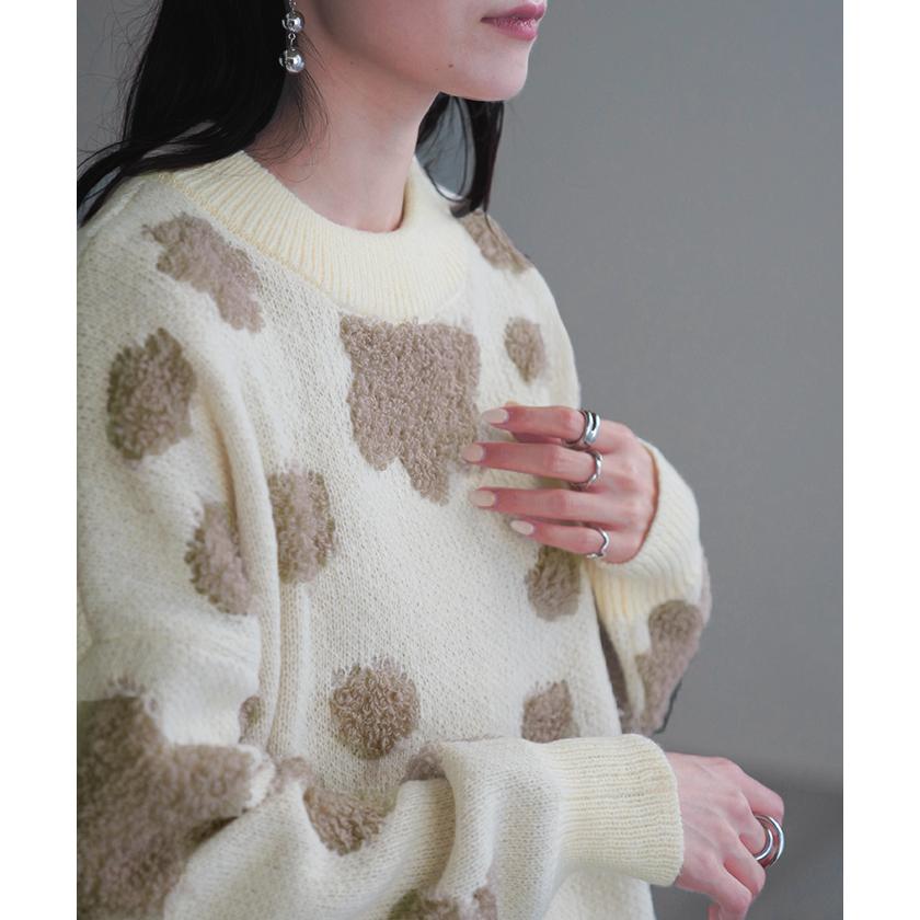 ニット 花柄 セーター レディース トップス 厚手 厚い 総柄 ドルマン フラワー ドロップショルダー Uネック シャギー 立体 オーバーサイズ プルオーバー | HUG.U | 14