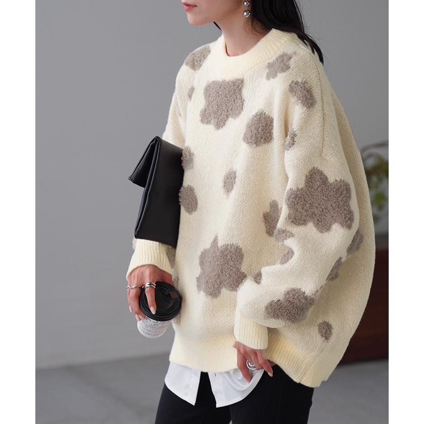 ニット 花柄 セーター レディース トップス 厚手 厚い 総柄 ドルマン フラワー ドロップショルダー Uネック シャギー 立体 オーバーサイズ プルオーバー | HUG.U | 15