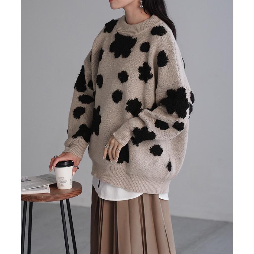 ニット 花柄 セーター レディース トップス 厚手 厚い 総柄 ドルマン フラワー ドロップショルダー Uネック シャギー 立体 オーバーサイズ プルオーバー | HUG.U | 18