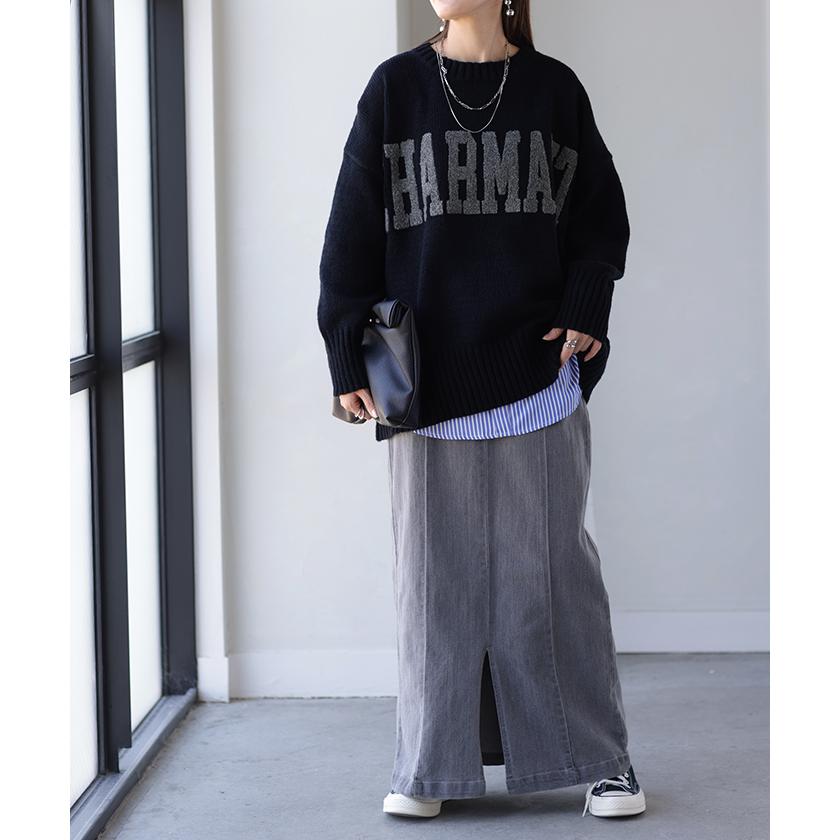 HUG.U（ハグユー） ニット ロゴ 刺繍 チュニック ロング トップス