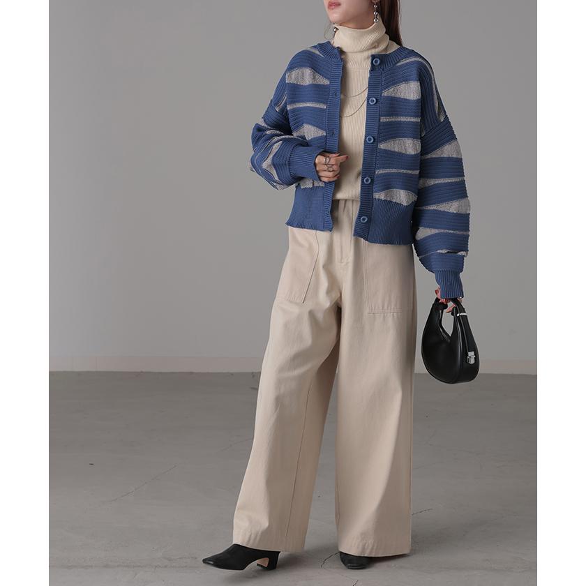 カーディガン ニット トップス レディース セーター カーデ 羽織 総柄 異素材 配色 ボーダー Uネック リブ | HUG.U | 13