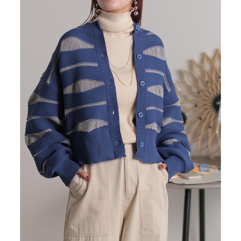 カーディガン ニット トップス レディース セーター カーデ 羽織 総柄 異素材 配色 ボーダー Uネック リブ | HUG.U | 14
