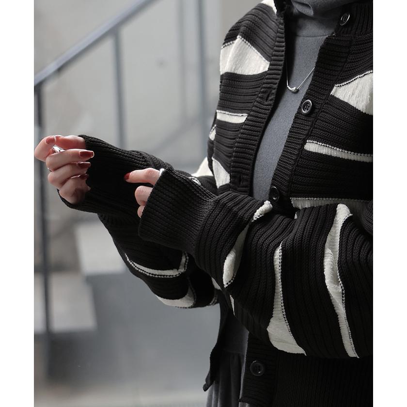 カーディガン ニット トップス レディース セーター カーデ 羽織 総柄 異素材 配色 ボーダー Uネック リブ | HUG.U | 16