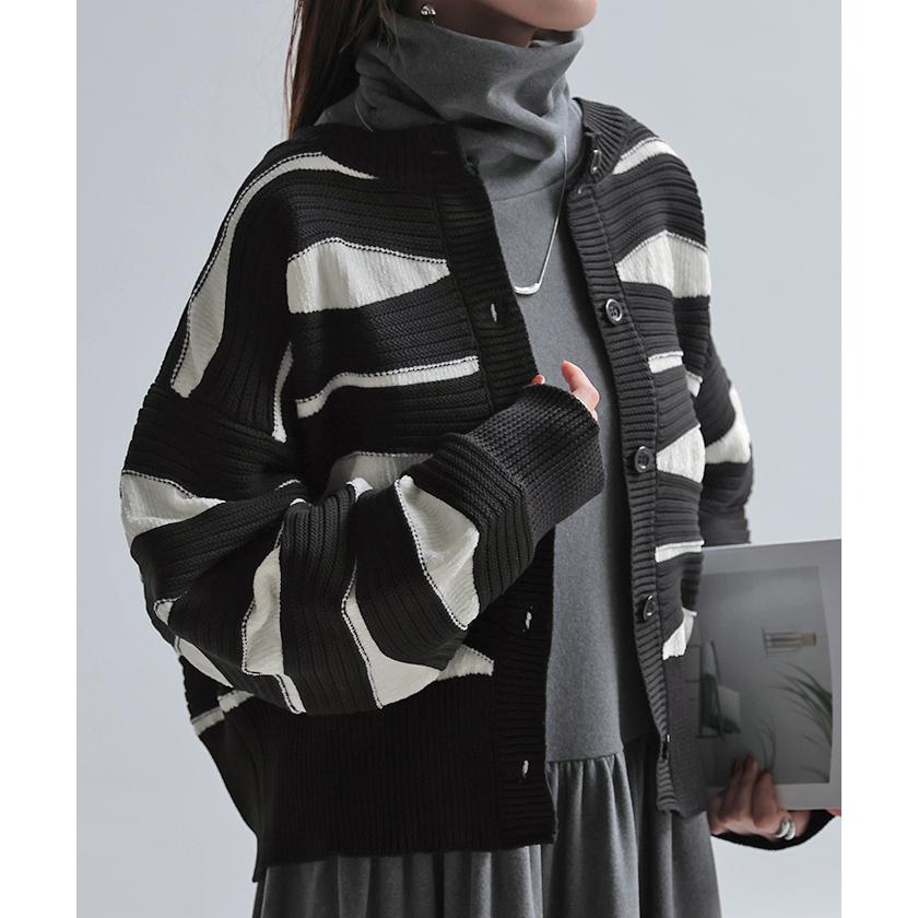 カーディガン ニット トップス レディース セーター カーデ 羽織 総柄 異素材 配色 ボーダー Uネック リブ | HUG.U | 17