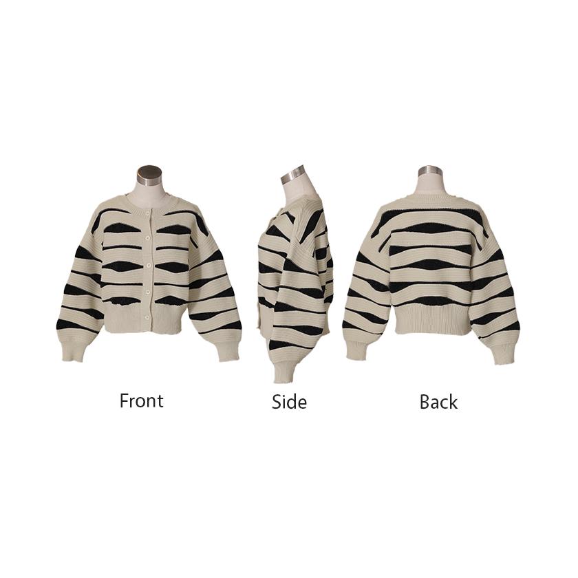 カーディガン ニット トップス レディース セーター カーデ 羽織 総柄 異素材 配色 ボーダー Uネック リブ | HUG.U | 19