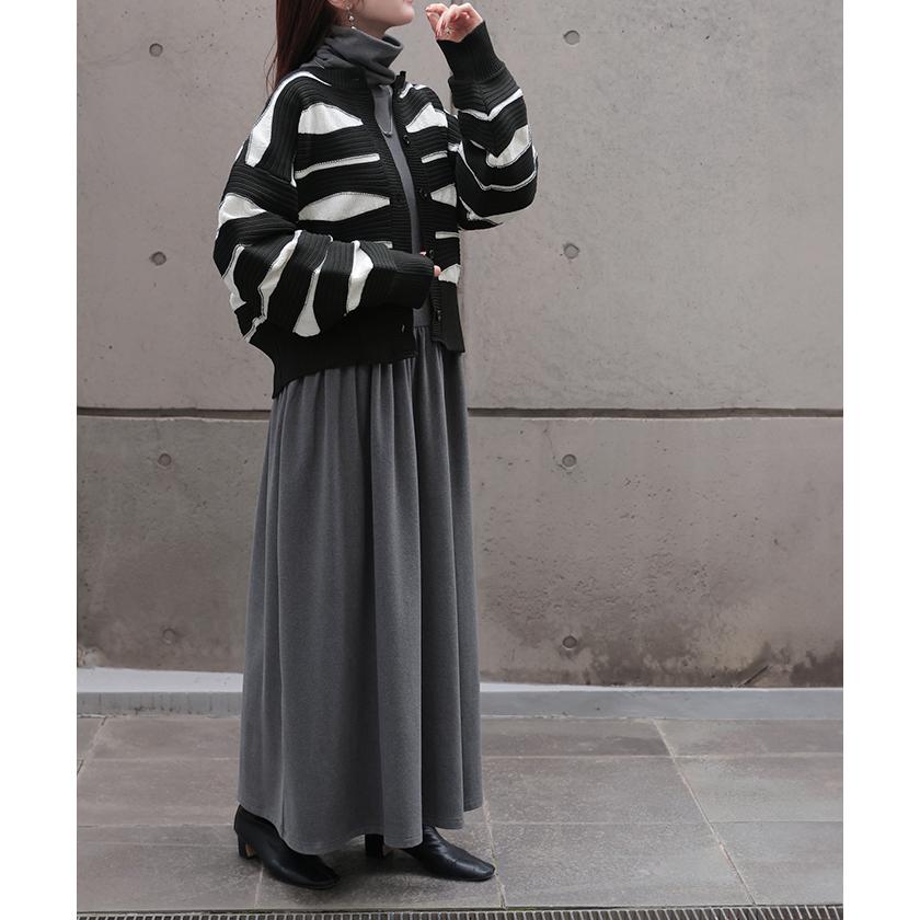 カーディガン ニット トップス レディース セーター カーデ 羽織 総柄 異素材 配色 ボーダー Uネック リブ | HUG.U | 06