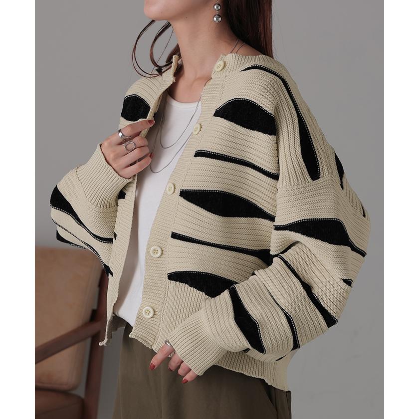 カーディガン ニット トップス レディース セーター カーデ 羽織 総柄 異素材 配色 ボーダー Uネック リブ | HUG.U | 07
